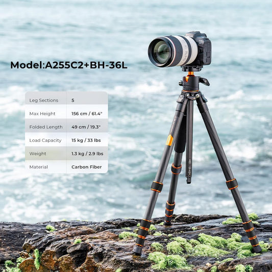 K&F Concept 62" Carbon Fiber Camera Tripod,Portable Compact Tripods with Detachable Monopod,360° Metal Ball Head 33lbs Load Capacity with Quick Release Plate for Travel and Work A255C2+BH-35L