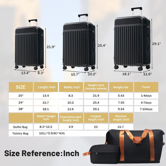 Merax Luggage Sets, Durable Hardshell 3 Piece Suitcase with Double Spinner Wheels and Handle Bags,Lightweight Carry on Luggage with TSA Lock,20+24+28 inches,Black