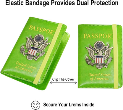 Passport Holder for Travel Passport Cover for Men Passport Wallet Case with Metal 3D Metal Badge Protector Leather Card Case RFID Blocking Women Travel Accessories Document Organizer (Green)