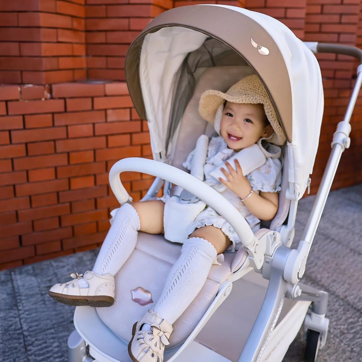 Hot Mom Baby Lightweight Stroller, Intelligent Seat Reversing，Double Brake and PU Anti-Shock Tire Combine Baby Pushchair, Newborn to Toddler's Baby Stroller, Brown