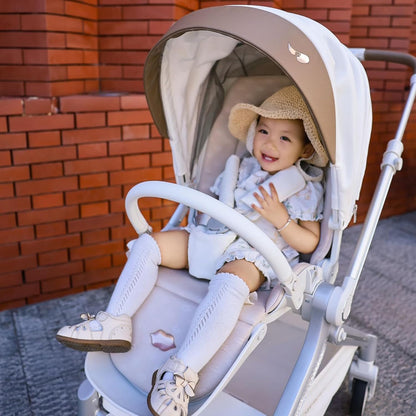 Hot Mom Baby Lightweight Stroller, Intelligent Seat Reversing，Double Brake and PU Anti-Shock Tire Combine Baby Pushchair, Newborn to Toddler's Baby Stroller, Brown