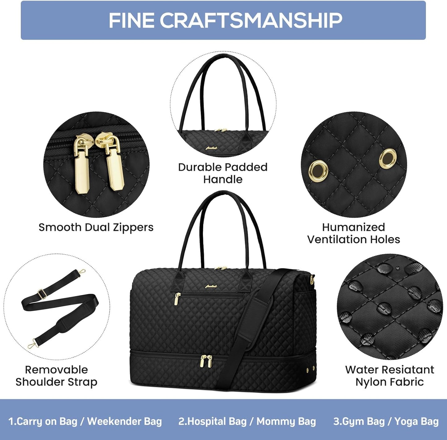 Travel Weekender Bags for Women - Duffle Bag Women with Shoe Compartment Carry On Overnight Bag with Toiletry Bag Duffel Bags with Wet Pocket for Gym Hospital Bags for Labor and Delivery Black