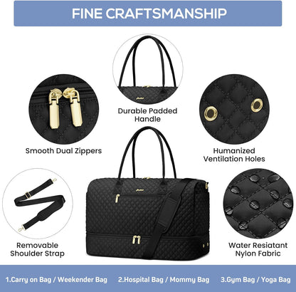 Travel Weekender Bags for Women - Duffle Bag Women with Shoe Compartment Carry On Overnight Bag with Toiletry Bag Duffel Bags with Wet Pocket for Gym Hospital Bags for Labor and Delivery Black