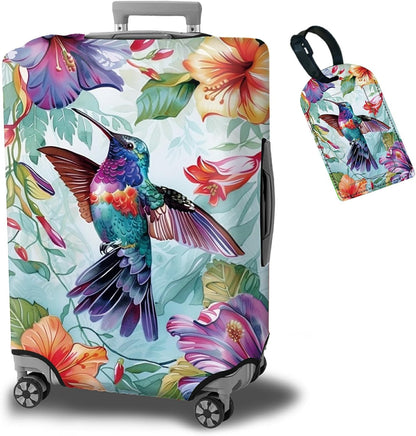Luggage Cover Suitcase Protector Plus 1 Luggage Tag, Color Hummingbirds Travel Suitcase Cover for 26-28 inch Luggage (L) with Concealed Zipper Washable Elastic Cloth Dustproof Anti-Scratch