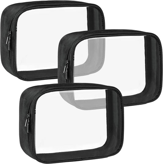 Moyad TSA Approved Clear Toiletry Bag, 3 Pack Quart Size 3-1-1 Liquids Pouch for Travel, Transparent Makeup & Cosmetic Organizer for Women Men, Black