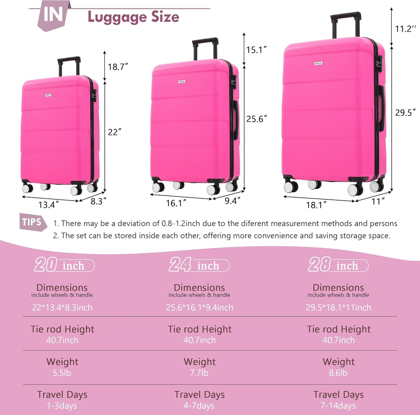 Merax Luggage Sets of 3 Piece Carry on Suitcase Airline Approved,Hardcase Suitcase Set with Double Spinner Wheels,Pink