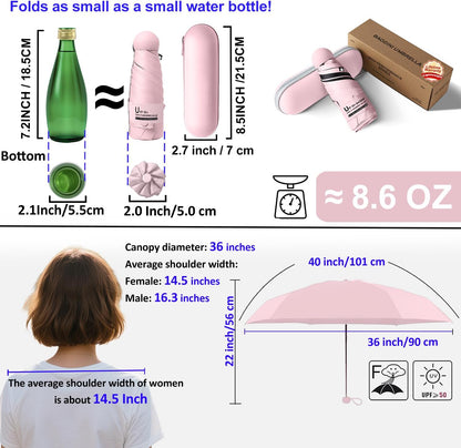 BAODINI Travel Mini Umbrella for Purse With Case Small Compact UV Sun Protection Sun Lightweight Tiny Pocket Umbrella for Women Kids and Men