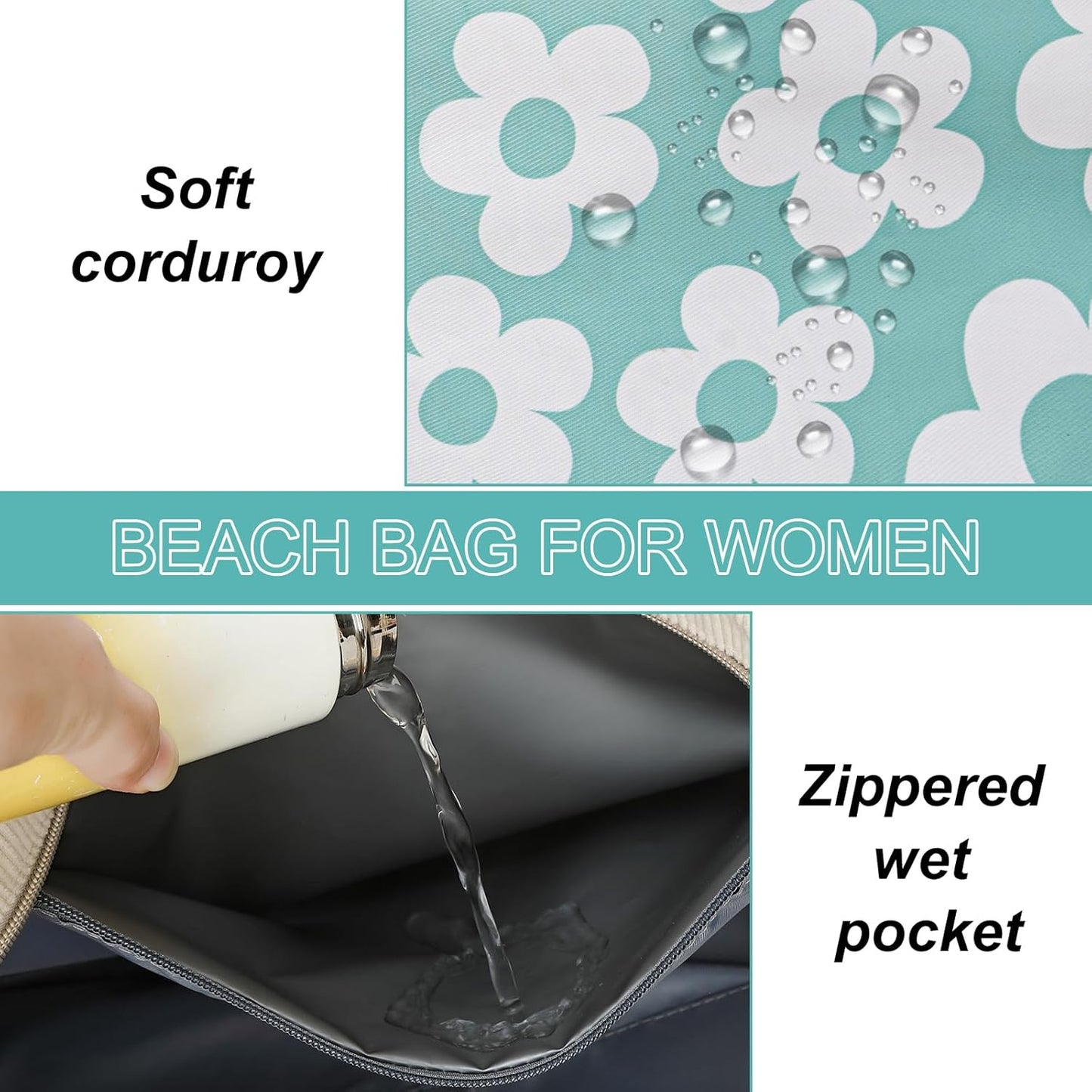 LEDAOU Large Beach Tote Bag Women Waterproof Sandproof Zipper Beach Tote Bag for Pool Gym Grocery Travel with Wet Pocket