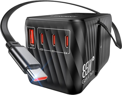 LENCENT 85W Universal Travel Adapter with Retractable USB C Cable, GaN International Plug Adapter with 3 Type C &1 USB A Ports Fast Charging, Worldwide Outlet Converter for US to European EU UK AUS