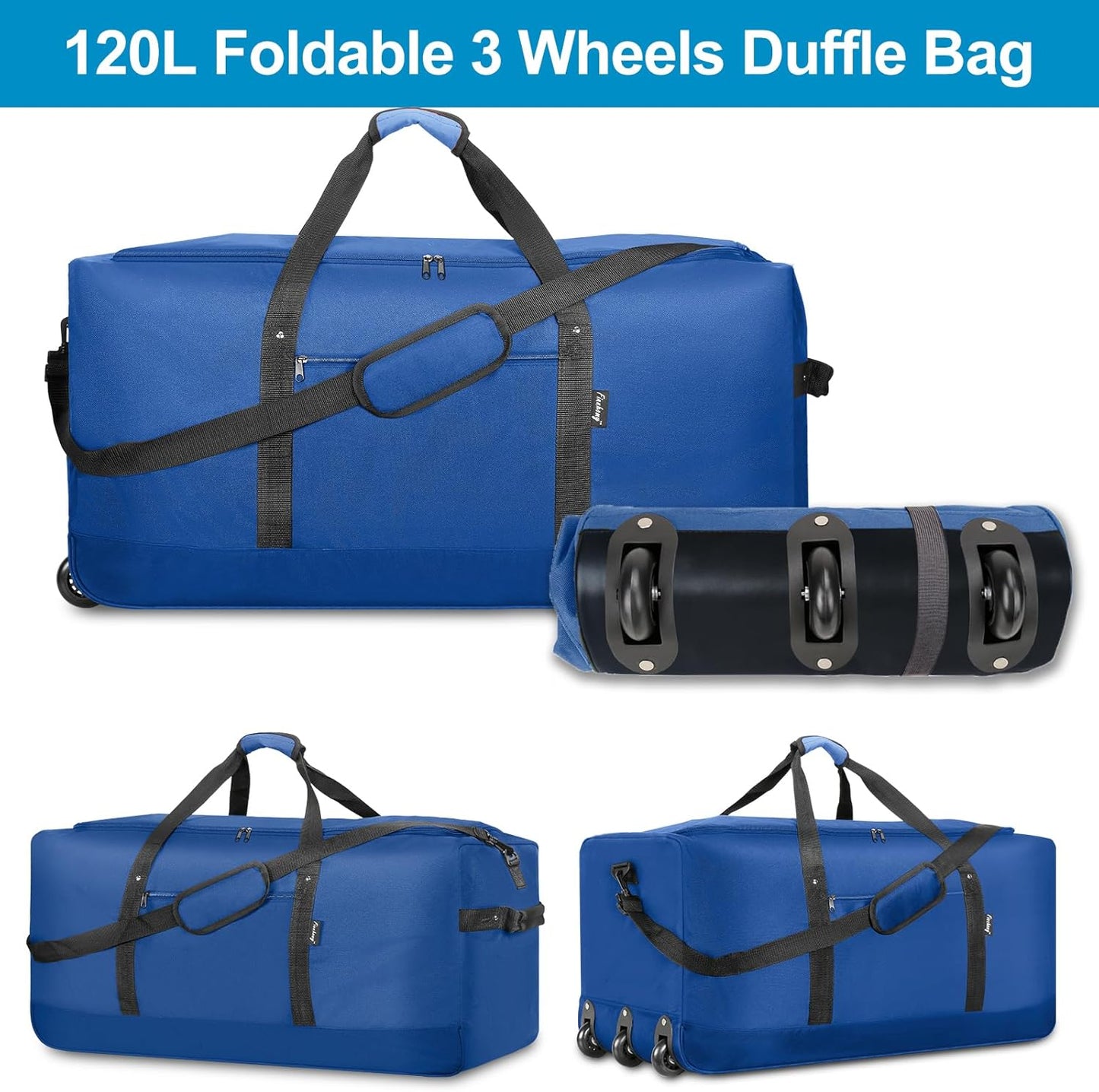Finnhomy 120L Foldable Rolling Duffel Bag with 3 Wheels, Light Weight Travel Duffel bag with Large Loading Capacity, 32 inch Rolling Duffel bag with Shoulder Strap for Travel Camping Sports