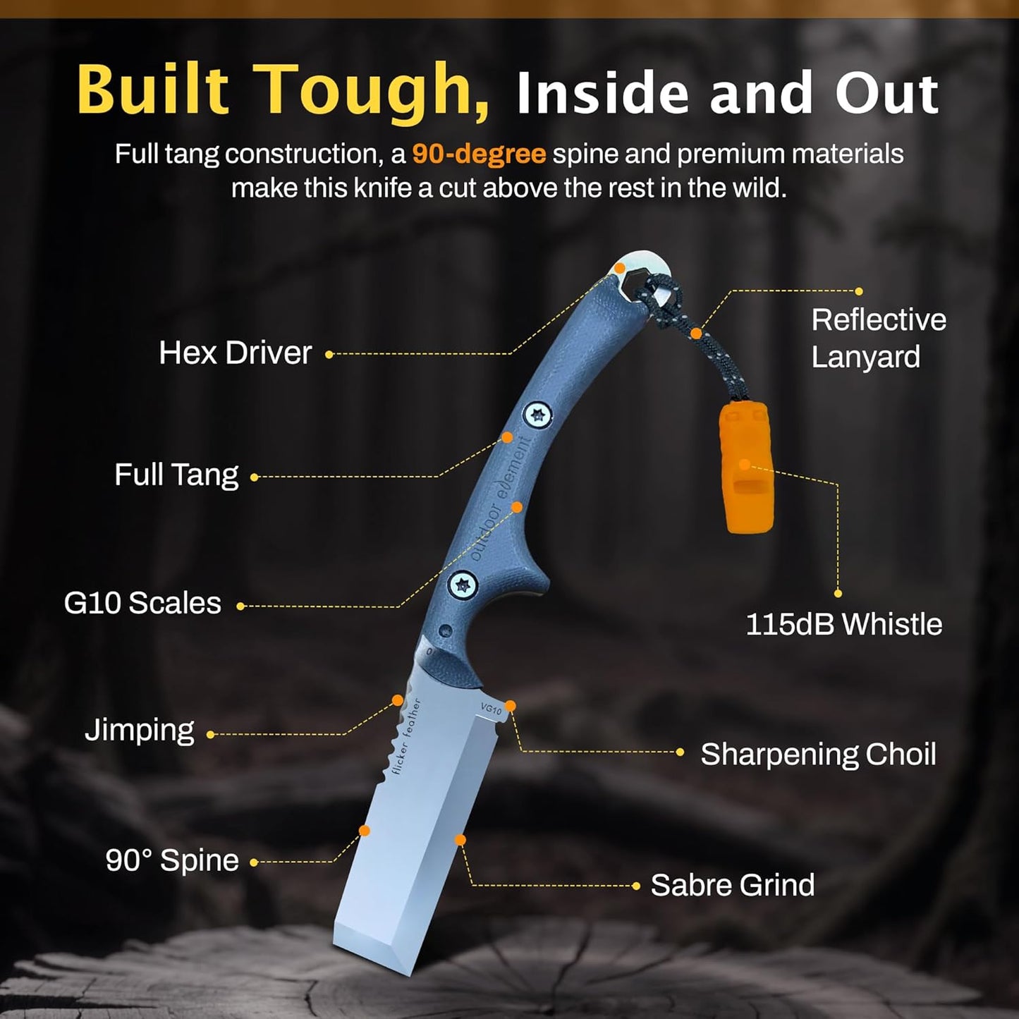 OUTDOOR ELEMENT Flicker Feather Knife - Right-Handed Survival EDC Chisel Blade for Camping, Hunting, Culinary Knives, and Bushcraft - Fixed Blade with Sheath, Firestarter, and Emergency Whistle