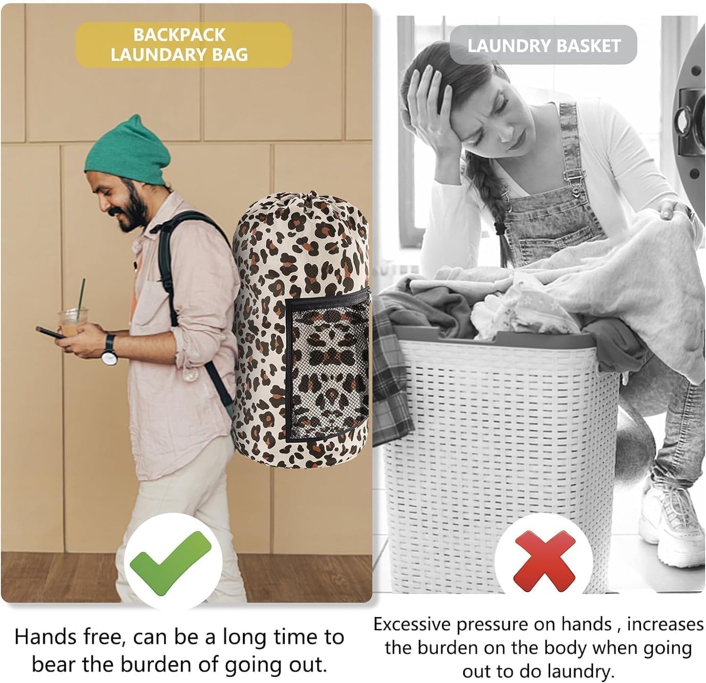 Laundry Bag Backpack, 2PCS Extra Large Travel Laundry Bag with Mesh Pocket & Adjustable Shoulder Straps,Dirty Clothes Travel Bag for College Students Dorm,Apartment(Leopard Print)