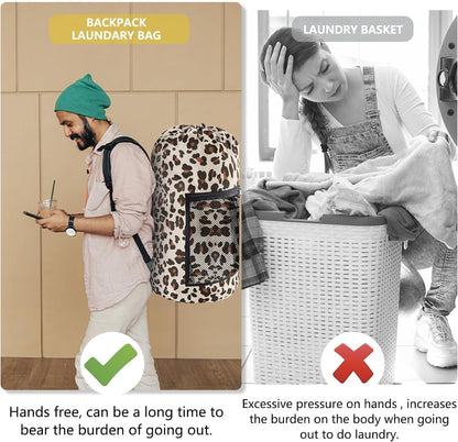 Laundry Bag Backpack, 2PCS Extra Large Travel Laundry Bag with Mesh Pocket & Adjustable Shoulder Straps,Dirty Clothes Travel Bag for College Students Dorm,Apartment(Leopard Print)