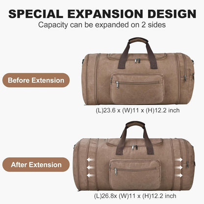Felipe Varela 60L Duffle Bag for Men, Large Expandable Canvas Duffel Bag for Travel, Mens Carry On Luggage Bag Traveling Weekender Gym Overnight Bags for Airplanes, Coffee