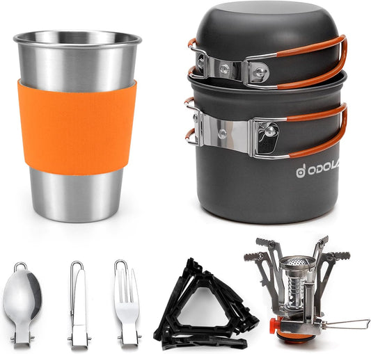 Odoland Camping Cookware Stove Carabiner Canister Stand Tripod and Stainless Steel Cup, Tank Bracket, Fork Spoon Kit for Backpacking, Outdoor Camping Hiking and Picnic