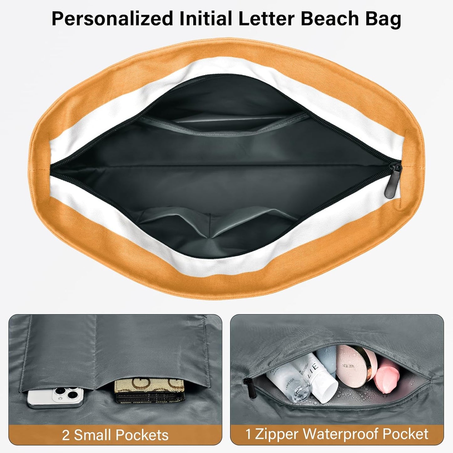 Becokan Beach Bag Initial Beach Tote with Makeup Bag for Travel Work Storage Personalized Birthday Gifts for Women Her