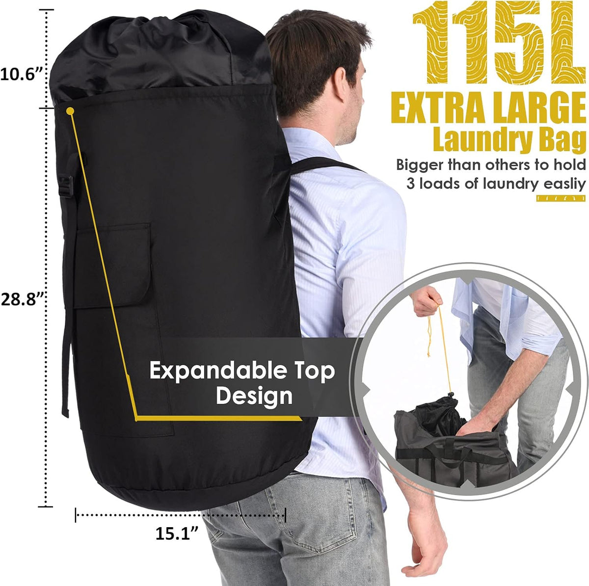 Backpack Laundry Bag, 115L Heavy Duty Extra Large College Laundry Backpack, Dirty Clothes Bag with Shoulder Straps, Laundry Hamper Bag with Drawstring Closure for College Dorm, Apartment, Laundromat