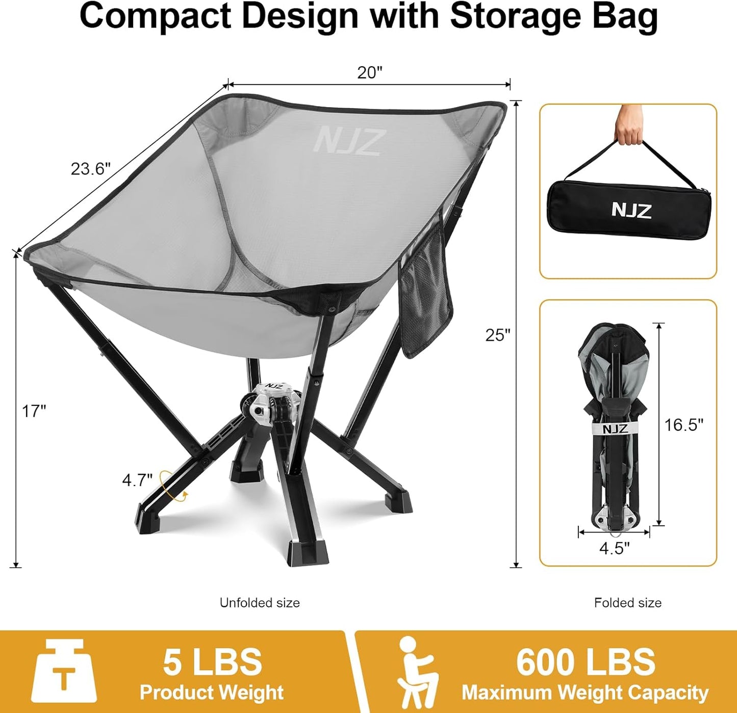 Folding Camping Chairs - 600 LBS Capacity Heavy Duty Camping Chair, Compact Folding Chair with Quick Setup & Carry Bag - Portable Camp Chair for Travel, Sports, Lawn, Beach - Silver