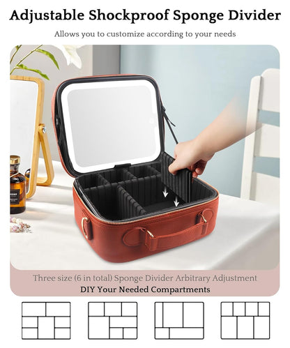 MOMIRA Travel Makeup Bag Cosmetic Bag with Lighted Mirror, Adjustable Brightness in 3 Color Scenarios/Detachable makeup mirror, All-round Upgrade, Waterproof, Gift for Women -Red Brown