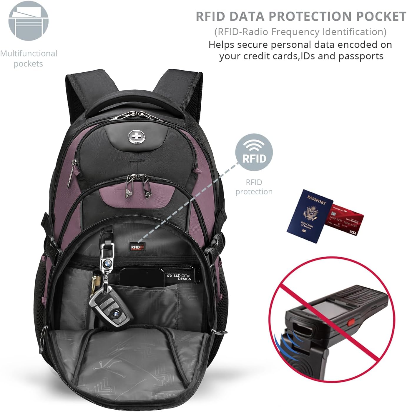 Swissdigital Design Laptop Backpack with USB Charging Port, TSA Travel Backpack Fits 15.6 inches Computer, 31L College School Backpack for Women, Light Purple/Black | SD803
