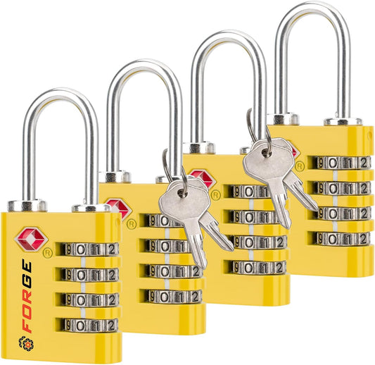 Forge Dual-Opening: Key or Combination Access Lock, TSA Approved Locks for Luggage, Pelican case, Travel, Gym, School, Stainless Steel Shackle.(Yellow, 4 Pk)
