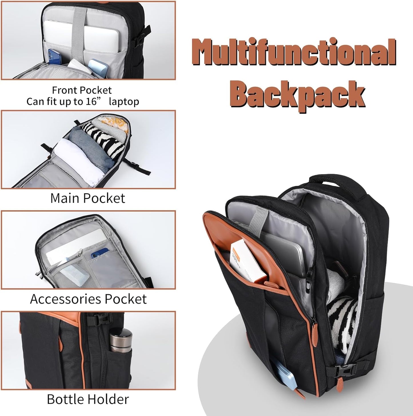 5-Piece Lightweight Luggage with Backpack Sets, ABS+PC Hard Shell Suitcase with TSA Lock & YKK Zipper (Black Brown, 20in/24in/28in/BP/TB)