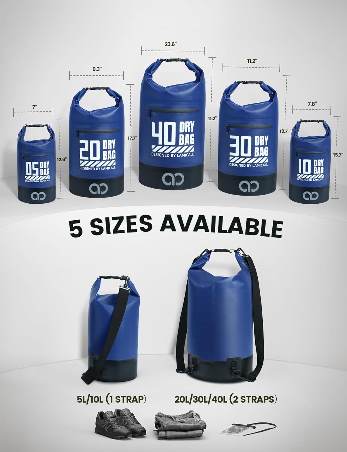 Lamicall Dry Bag Waterproof Backpack - [Zippered Pocket] 5L/10L/20L/30L/40L Roll Top Waterproof Bag with Water Proof Phone Pouch, Floatable Drybag for Swimming, Boating, Kayaking, Camping, Beach