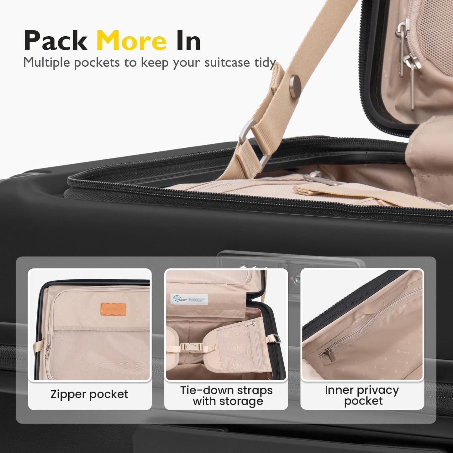 LEVEL8 Top Opening Carry on Luggage Expandable, Large Suitcases with Wheels Airline Approved, Hardside Luggage with Spinner Wheel for Men Women, 20 Inch, Black