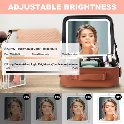 Mocado Travel Makeup Bag with LED Lighted Mirror, Travel Makeup Organizer, Makeup Case with 3 Color Lighted Setting and 10x Magnifying Mirror, Portable Storage and Adjustable Dividers(Orange Brown)