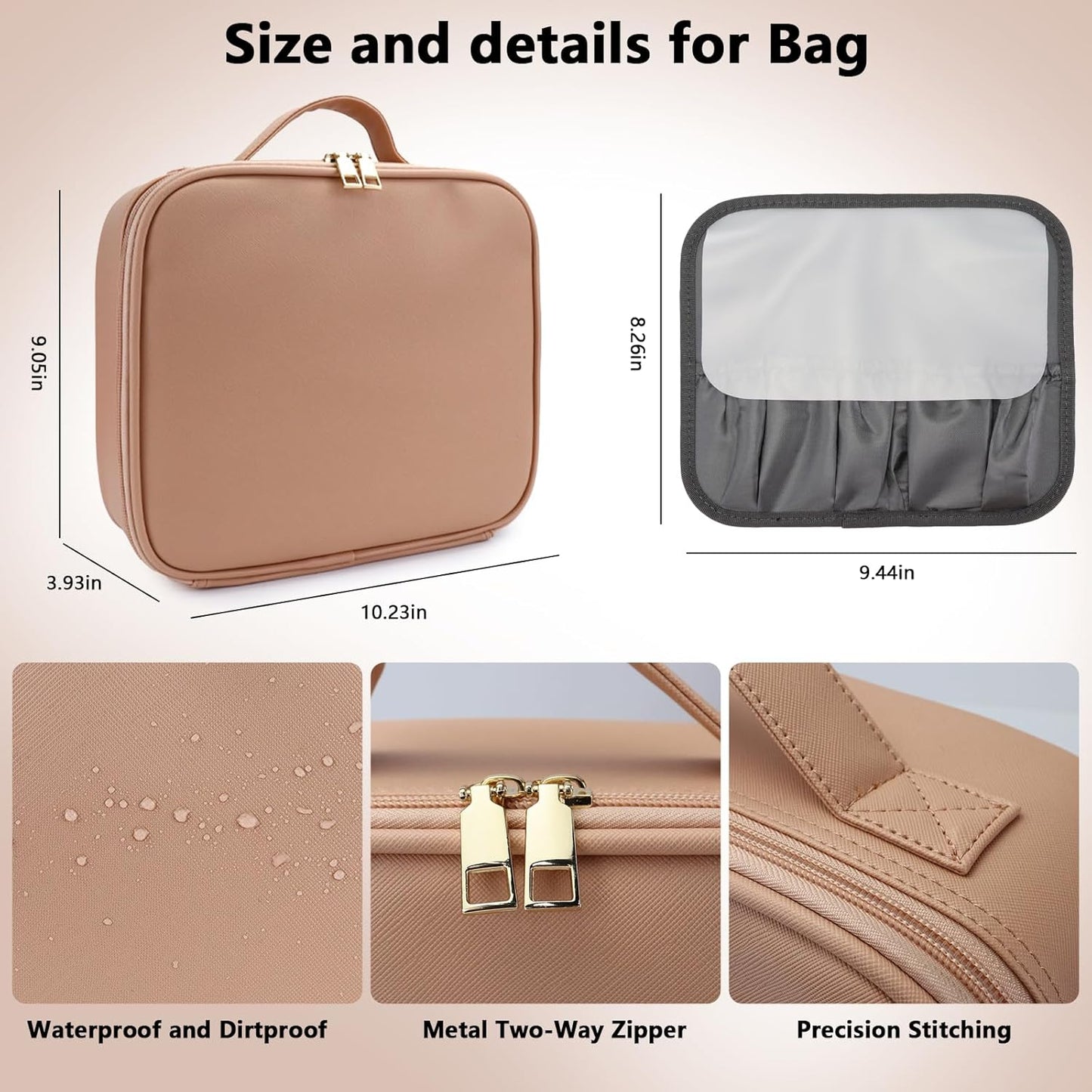 Travel Makeup Bag with LED Mirror Travel Makeup Organizer with 3 Lighted Settings, Adjustable Dividers and Makeup Brush Storage Bag Khaki