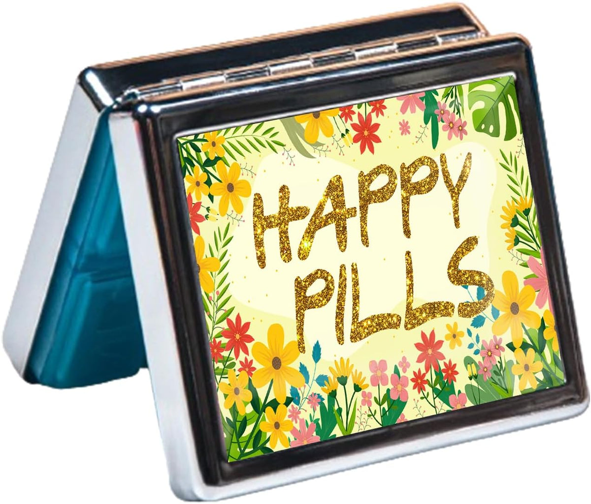 Silver Vintage Pill Box 7 Day Metal Pill Box with Mirror and 8 Compartments Cute Travel Pill Organizer for Purse (Happy Pills)