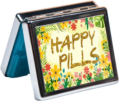 Silver Vintage Pill Box 7 Day Metal Pill Box with Mirror and 8 Compartments Cute Travel Pill Organizer for Purse (Happy Pills)