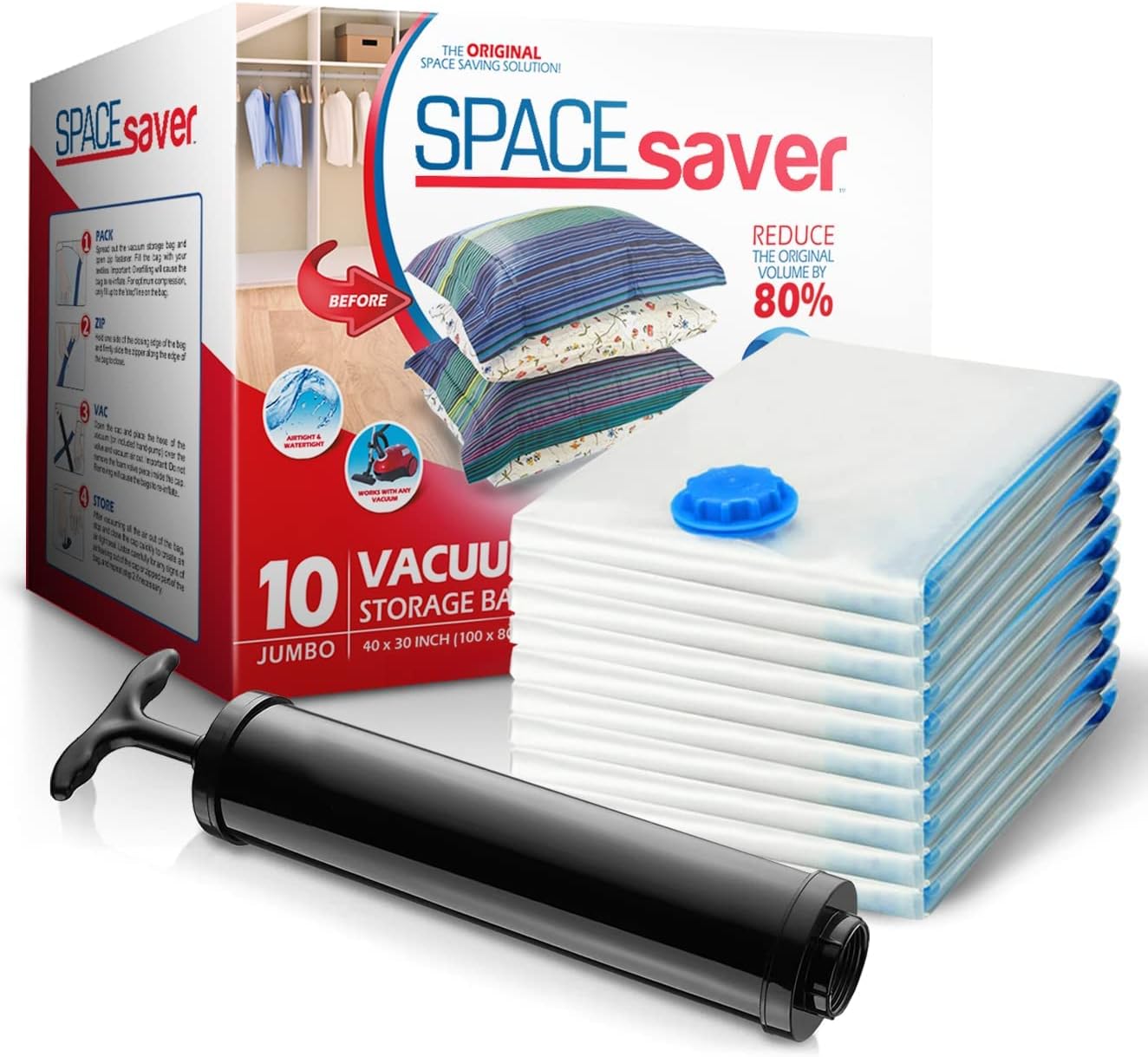 10 Pack Jumbo Vacuum Storage Bags for Comforters, Blankets & Clothes – Jumbo Vacuum Sealed Compression Bags with Hand Pump – Space Saver Storage Bags for Bedding, Moving, Travel & Organization