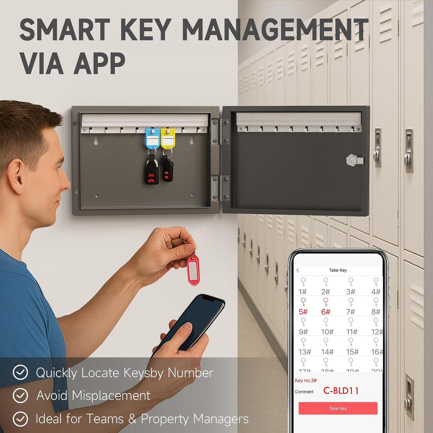 16-Key Cabinet Organizer, Key Lock Box Secured Key Holder for Valets, Hotels, Car & House Keys Black