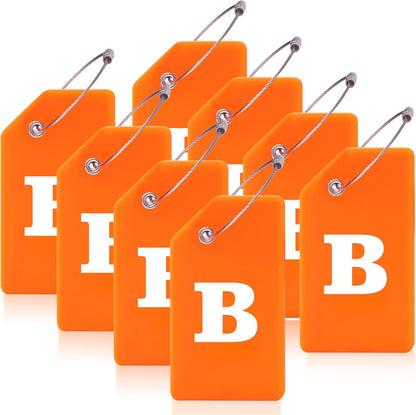 8 Pcs Luggage Tags for Suitcases, 26 Initial Letter Travel Luggage Baggage Identification Labels ID Tags Fully Bendable Tags with Stainless Steel Loop (Letter B, Orange)