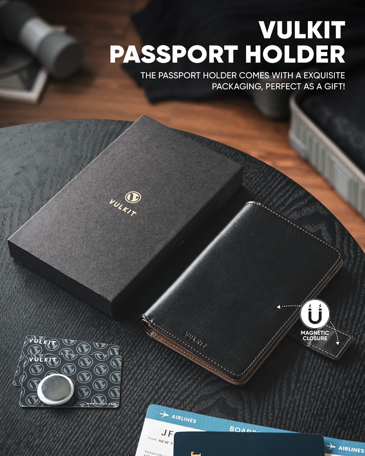 VULKIT Passport Holder with Airtag Holder RFID Blocking Passport Wallet Travel Leather Passport for Women(Black Brown)
