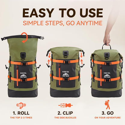 HEETA Dry Bags Waterproof Backpack 40L for Men & Women, Roll Top Heavy Duty Cushioned Hiking Backpack for Kayaking Boating Paddle Boarding Fishing Travel Camping Beach Vacation Cruise Ship Essentials