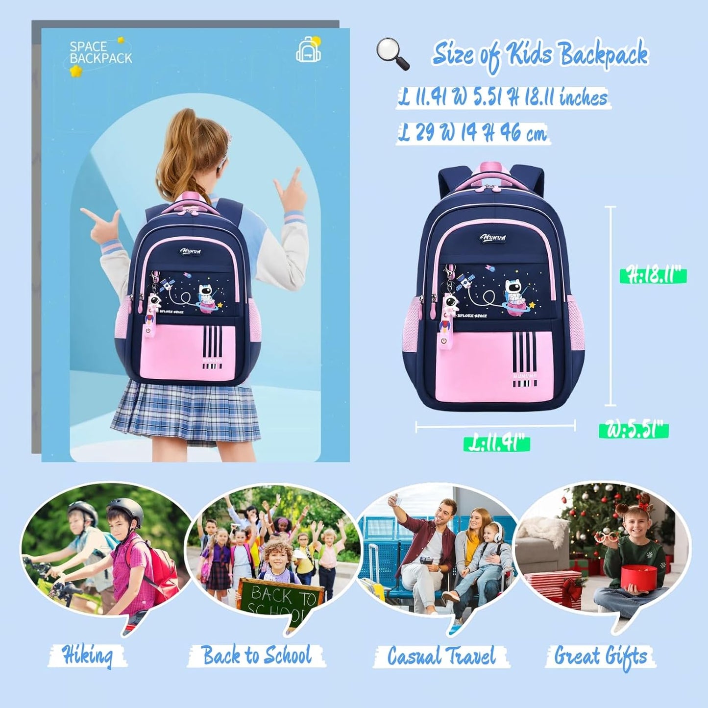 Astronaut-space Kids Backpack for Girls-Boys Elementary Middle School Backpack Book Bags for Girls Lightweight Back Pack pink-blue