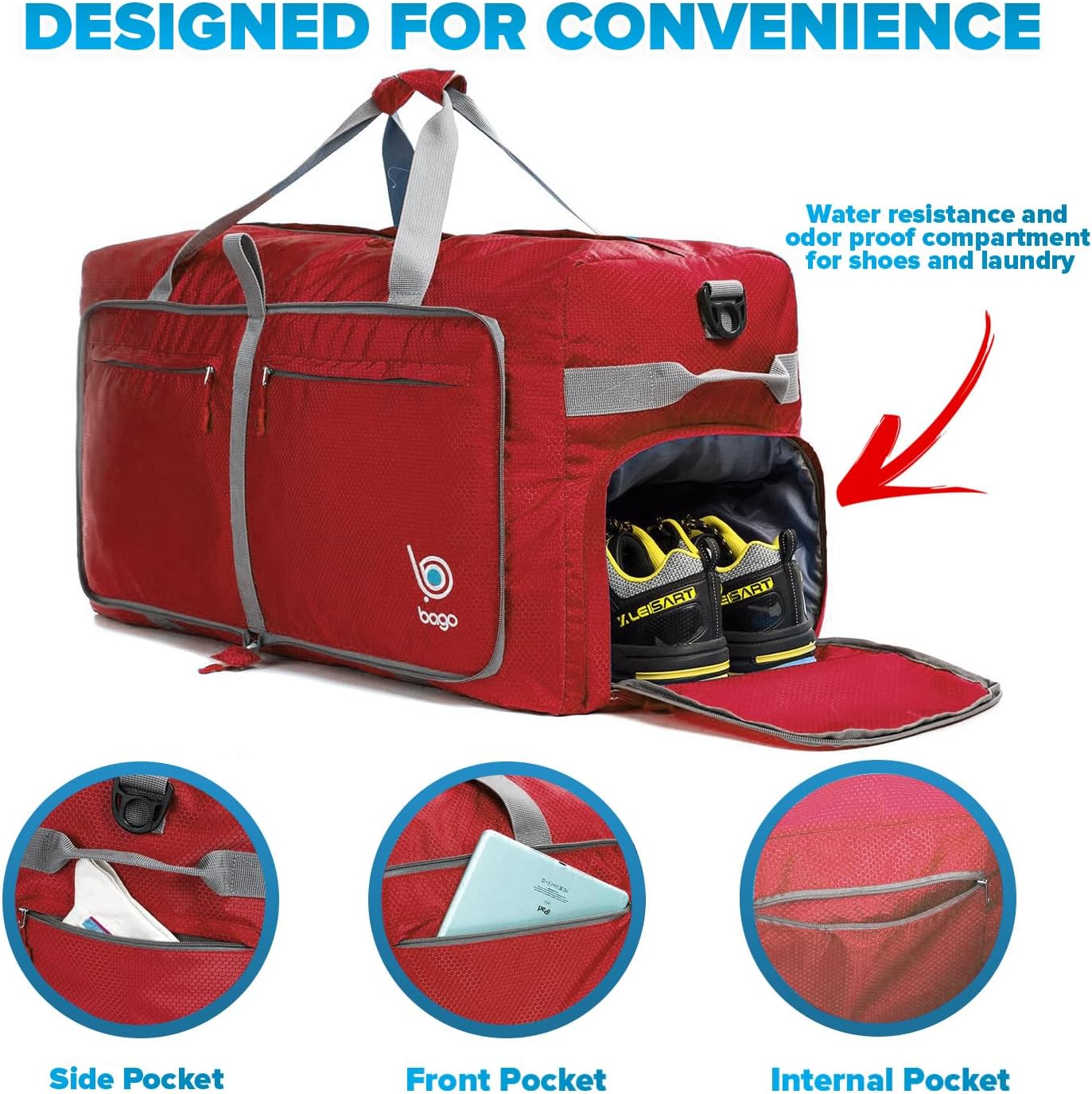 Bago Big XXL Foldable Duffel Bags for Traveling Women & Men - 140L Packable Duffle Bag for Travel with Shoe Compartment - Water Repellant, Heavy Duty, Lightweight Folding & Collapsible (Red)