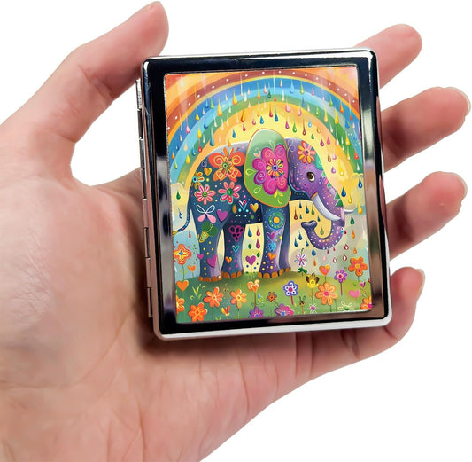8‑Compartment Metal Pill Box Organizer – Portable Medicine Case 3″×2.6″ | Food‑Grade Dividers | Secure Snap Button Lid | Travel & Gift for Seniors (Rainbow Elephant Parade)