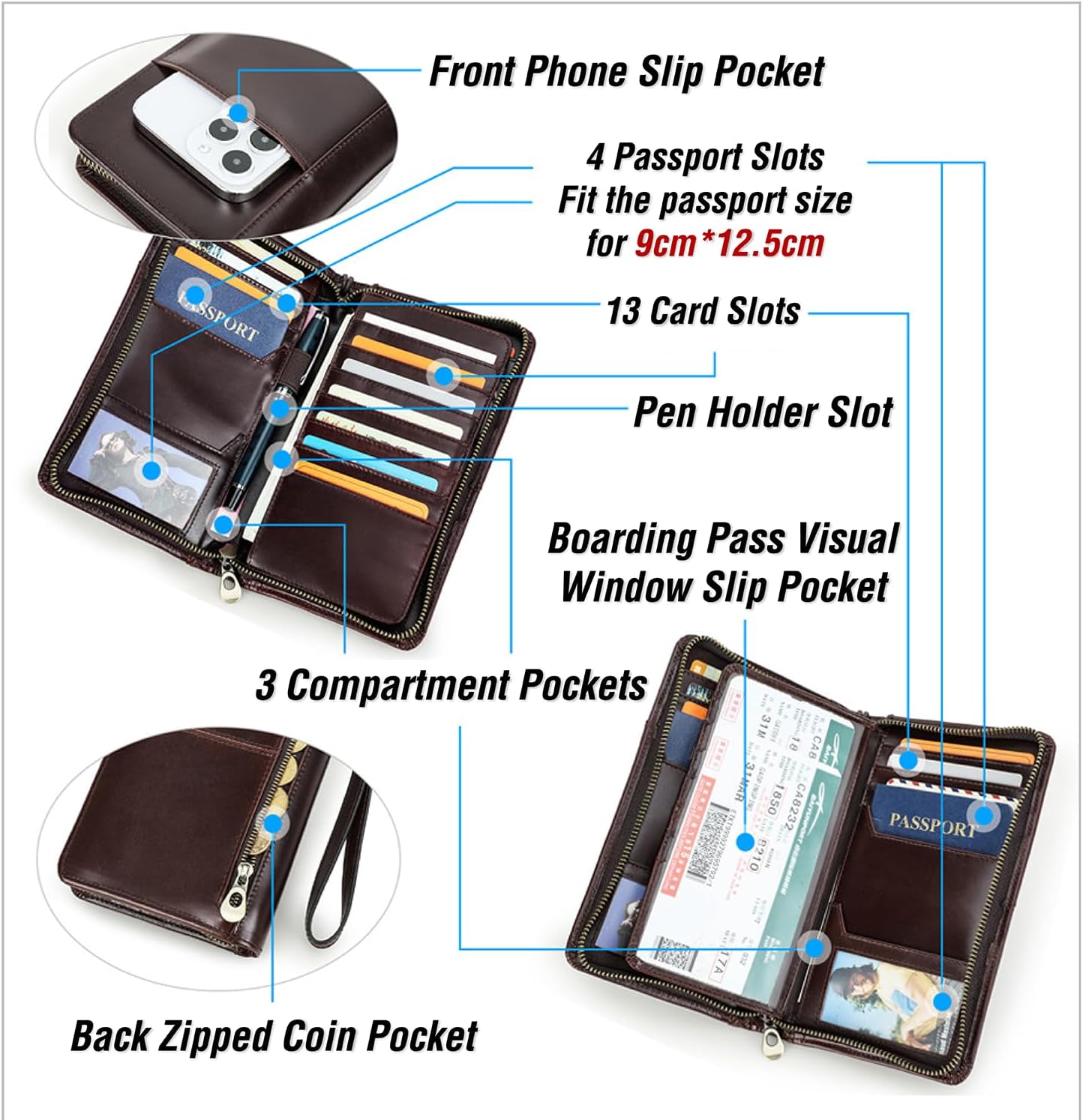 Top Grain Leather Travel Passport Wallet Holder for Man & Woman, Handmade with Three-Layer for 4 Passports & Multi Cards, RFID Blocking Large Capacity for Cards/Passports/Tickets, Coffee