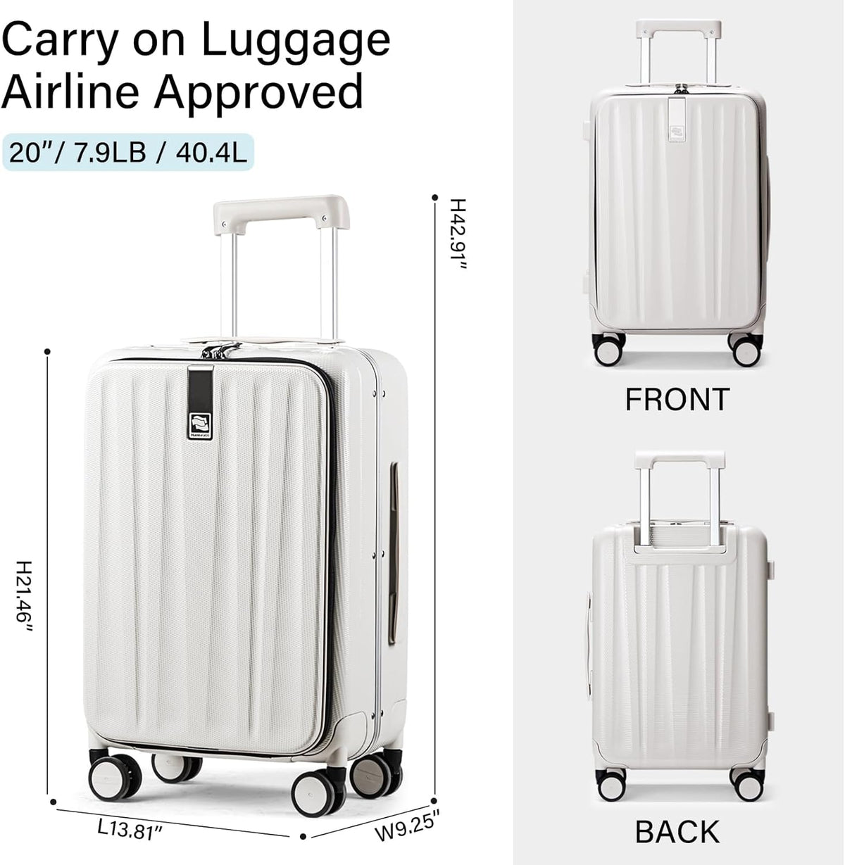 Hanke 20 Inch Carry On Luggage Hard Shell Suitcases with Wheels Luggage Suitcase Travel Luggage for Women Men Rolling Luggage Bags for Business Trip Weekender-Ivory white