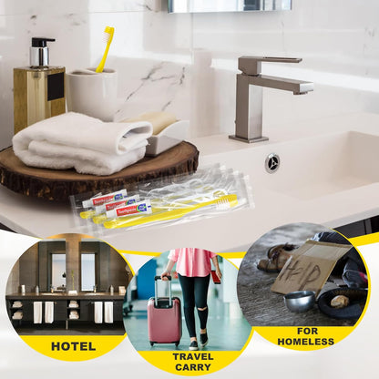 200pcs Disposable Toothbrushes with Toothpaste and Floss,Yellow Bulk Single Use Toothbrush Floss Pick Individually Wrapped Disposable Travel Toothbrushes Kit for Homeless,Airbnb,Hotel,Guest