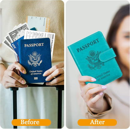 TIGARI Passport Holder for Travel Women Men, PU Leather Waterproof RFID Passport Holder Wallet Cover Case Sleeve, Family Vacation Plane Cruise Travel Document Organizer Essentials-Teal