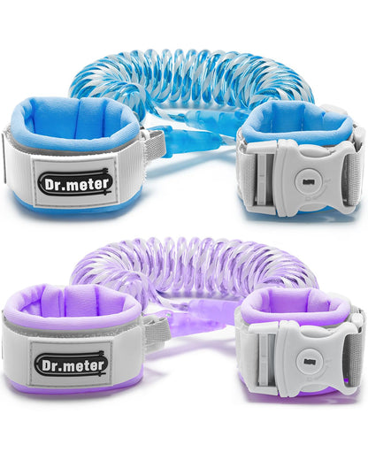 Dr.meter Anti Lost Wrist Link, 2 Pack Toddler Safety Leash with Key Lock, Reflective Child Walking Harness - Dual 8.2ft Length Blue & Purple Kids Leash for Store Mall Airport Theme Park Trip