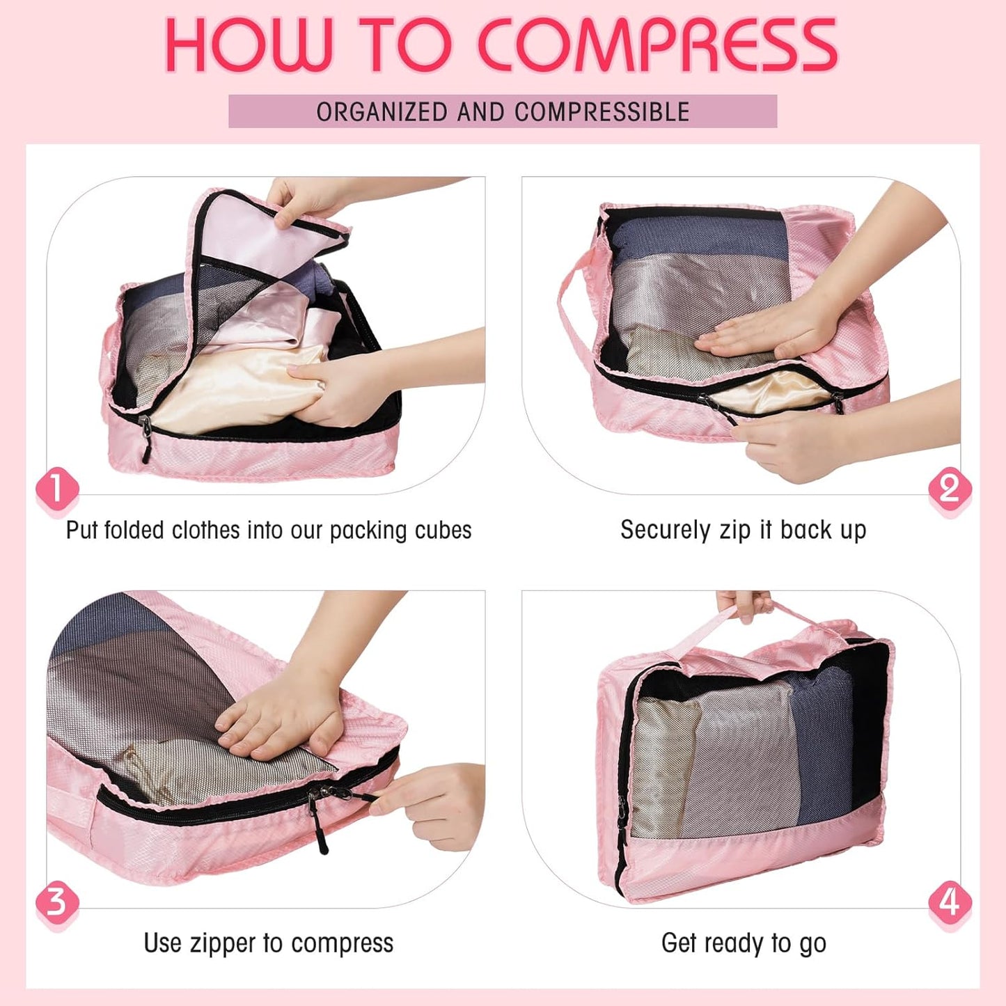 5 Pcs Packing Cubes for Suitcase Large Travel Cubes Carry on Luggage Organizer Bags for Clothes Accessories(M,Pink)