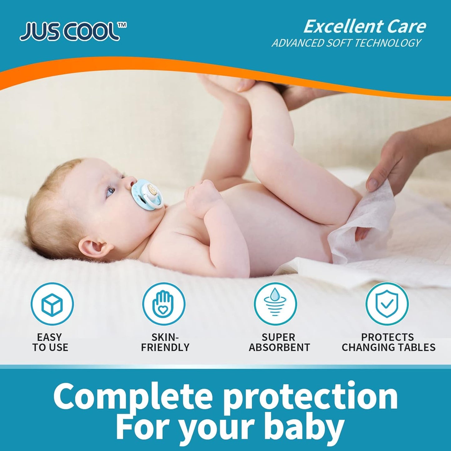 JUS COOL Incontinence Bed Pads 30”x 36”(50 Count) Disposable Baby Changing Pads, Underpads Portable Diaper Changing Pads, Soft Bed Pads Ultra Absorbent and Waterproof