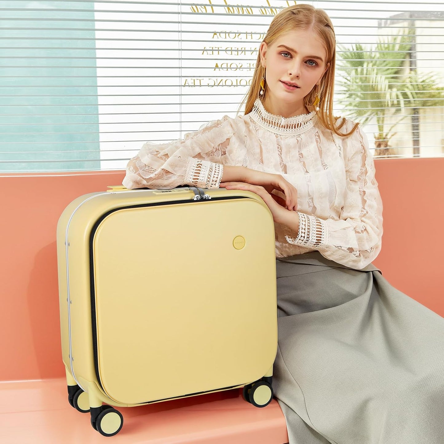 mixi Carry On Luggage, 18” Suitcase with Front Laptop Pocket, Travel Luggage Aluminum Frame PC Hardside with Spinner Wheels & TSA Lock and Cover (Not for Underseat), Lark Yellow