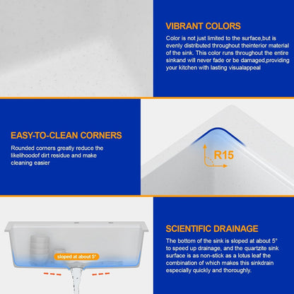 Dcolora White Granite Composite Kitchen Sink Drop In, 33x22 Large Single Bowl White Kitchen Sink Multifunctional Topmount Workstation Sinks #DC-0002GWT, 33" x 22" x 10"