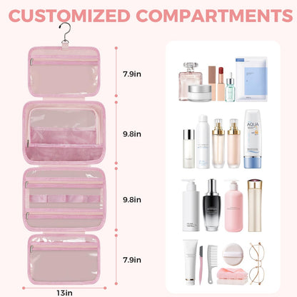 Toiletry Bag For women,Portable Hanging Organizer,4 Leakproof Compartment for full-sized Conditioner, Brushes Set, Makeup Accessories,Visible and easy to access.L-light pink